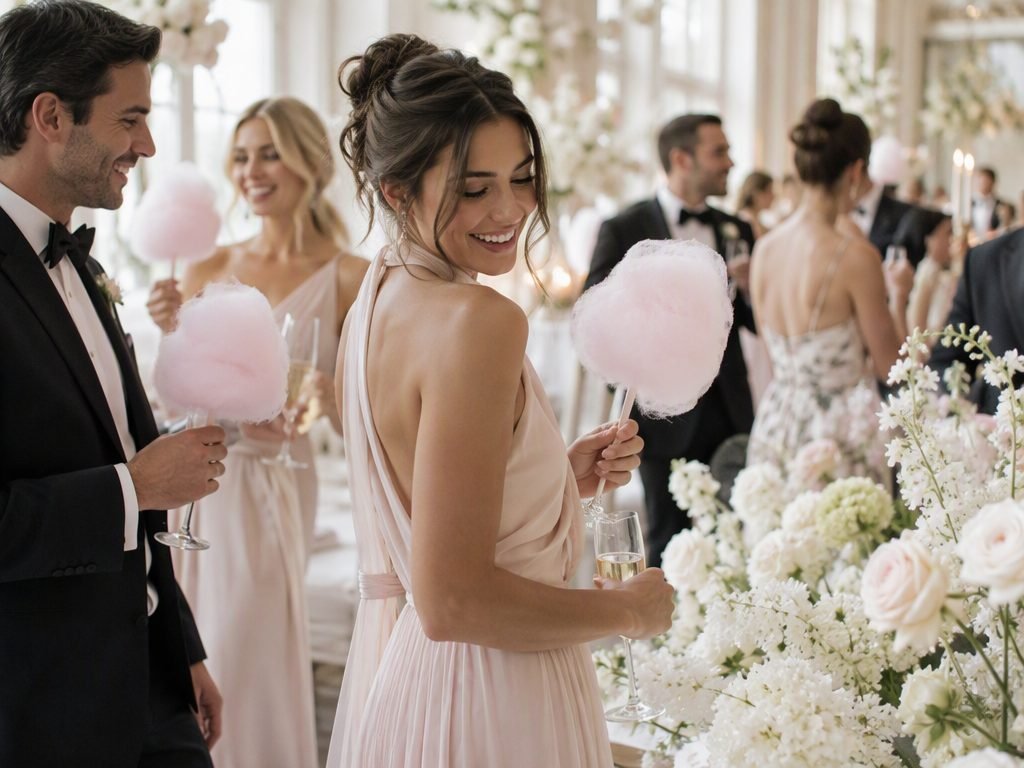 Convidados elegantes com algodão doce rosa em recepção de casamento
