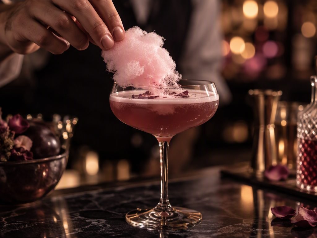 Bartender colocando algodão doce sobre um drink em taça coupe