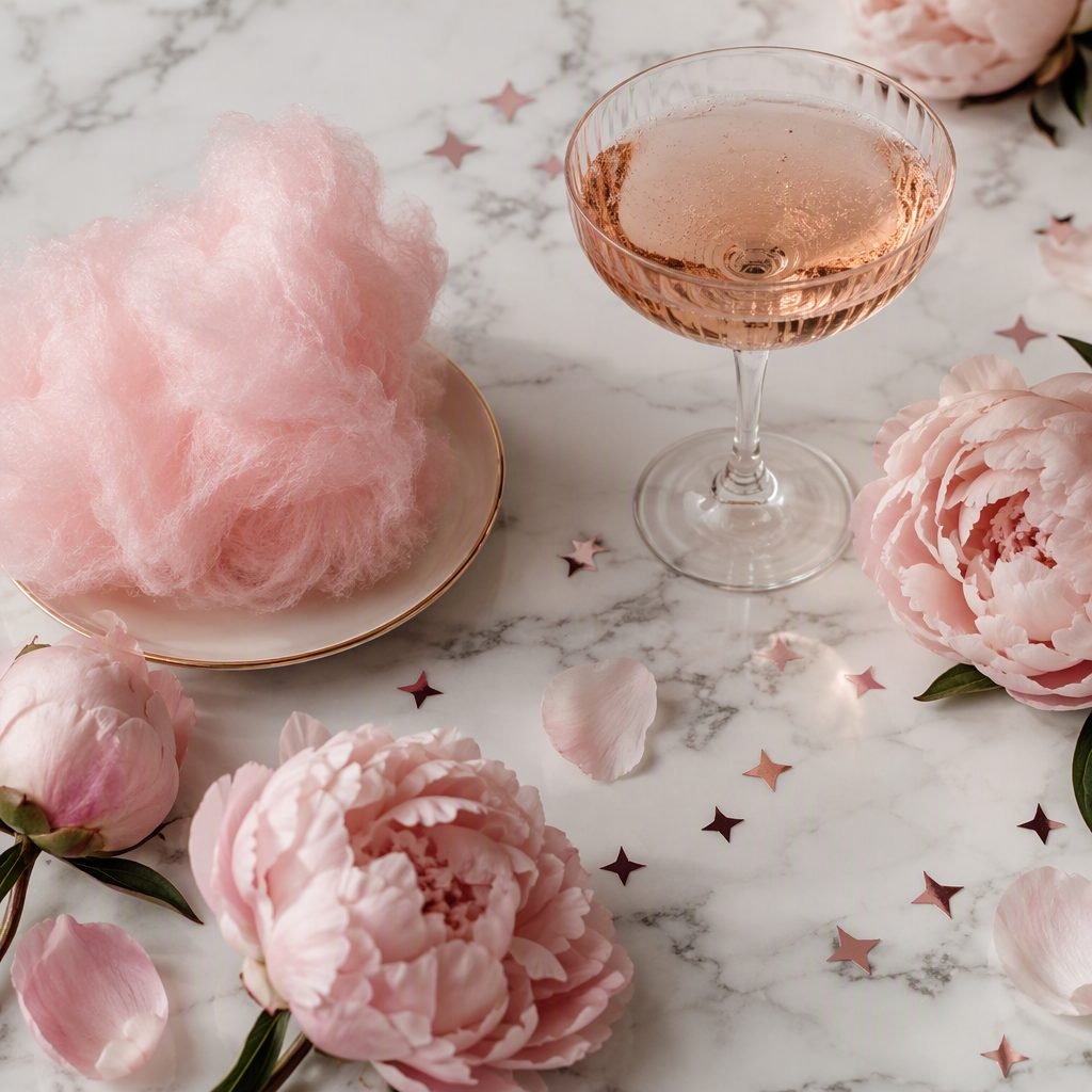 Algodão doce, espumante rosé e peônias sobre mármore