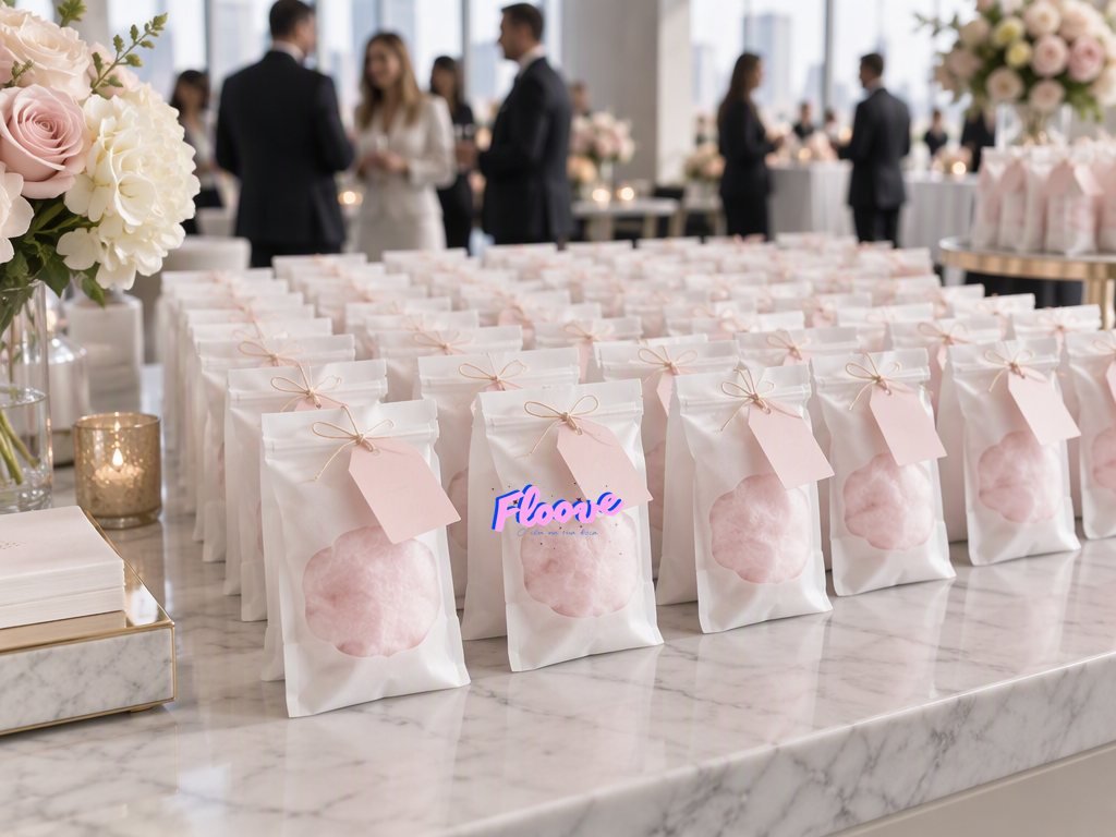 Dezenas de sachês Floove com etiquetas personalizadas rosa-claro numa mesa de evento corporativo
