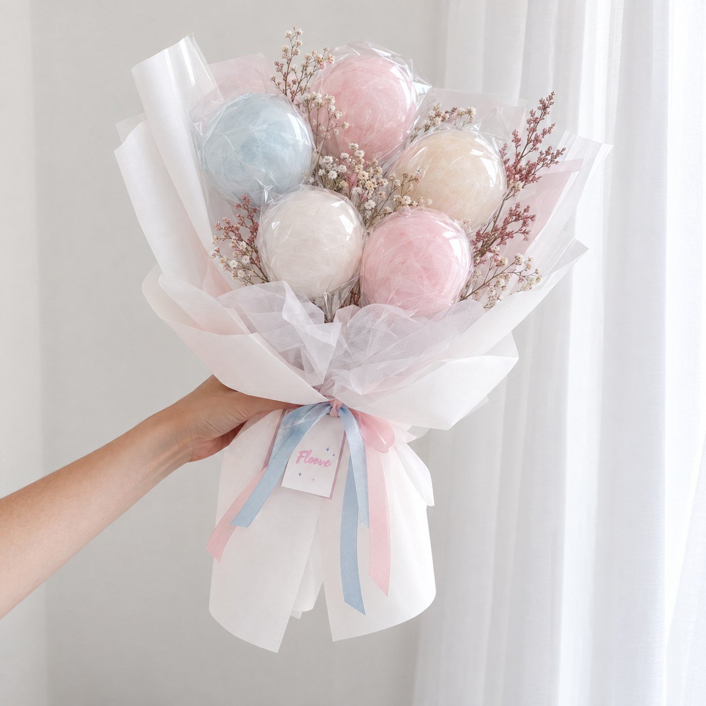Buquê Floove de algodão doce em esferas transparentes com laços rosa e azul