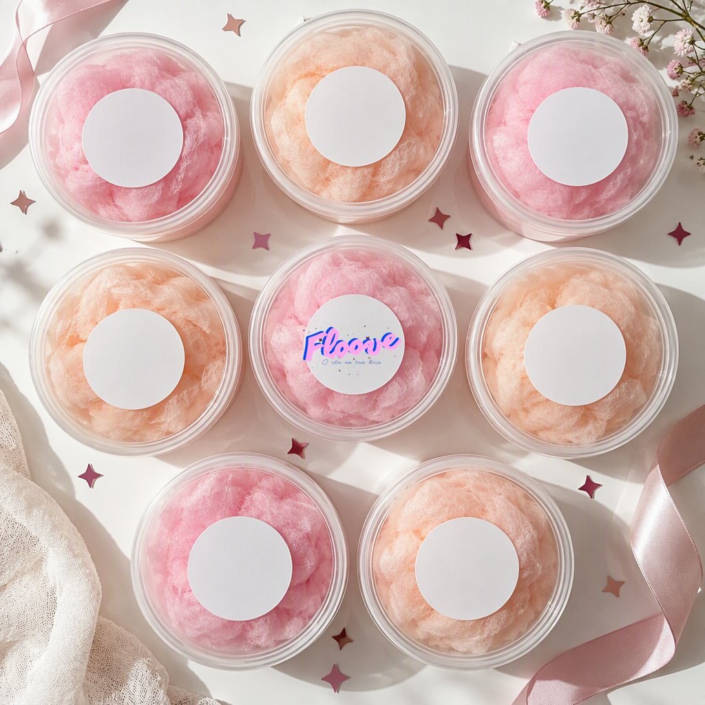 Potes transparentes de algodão doce rosa e pêssego com logo Floove, vistos de cima